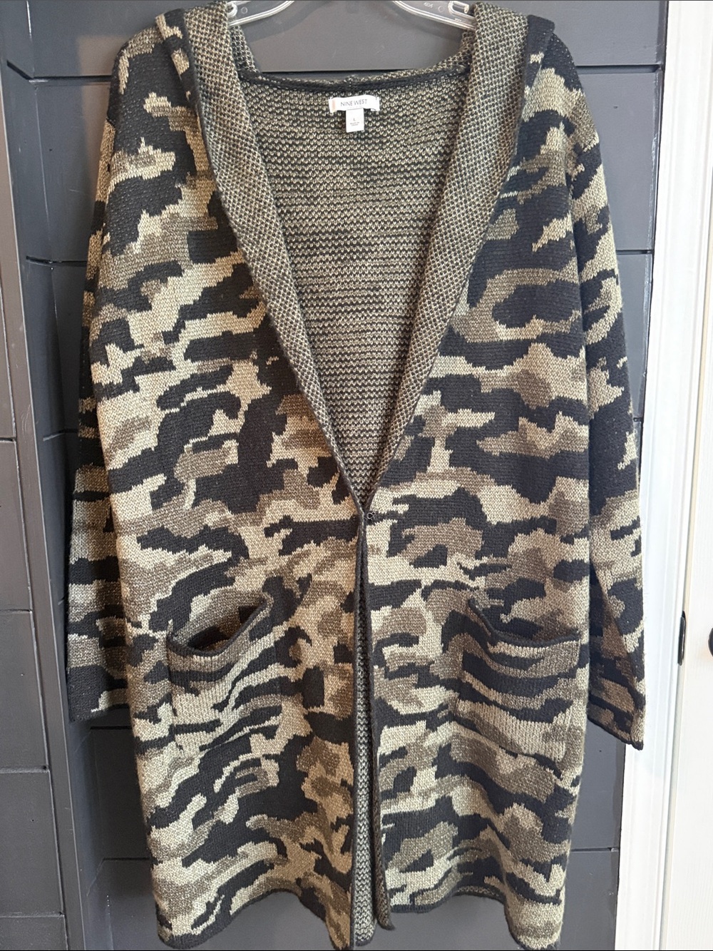 Nine West Olive and Black Camouflage Open-Front Cardigan L
